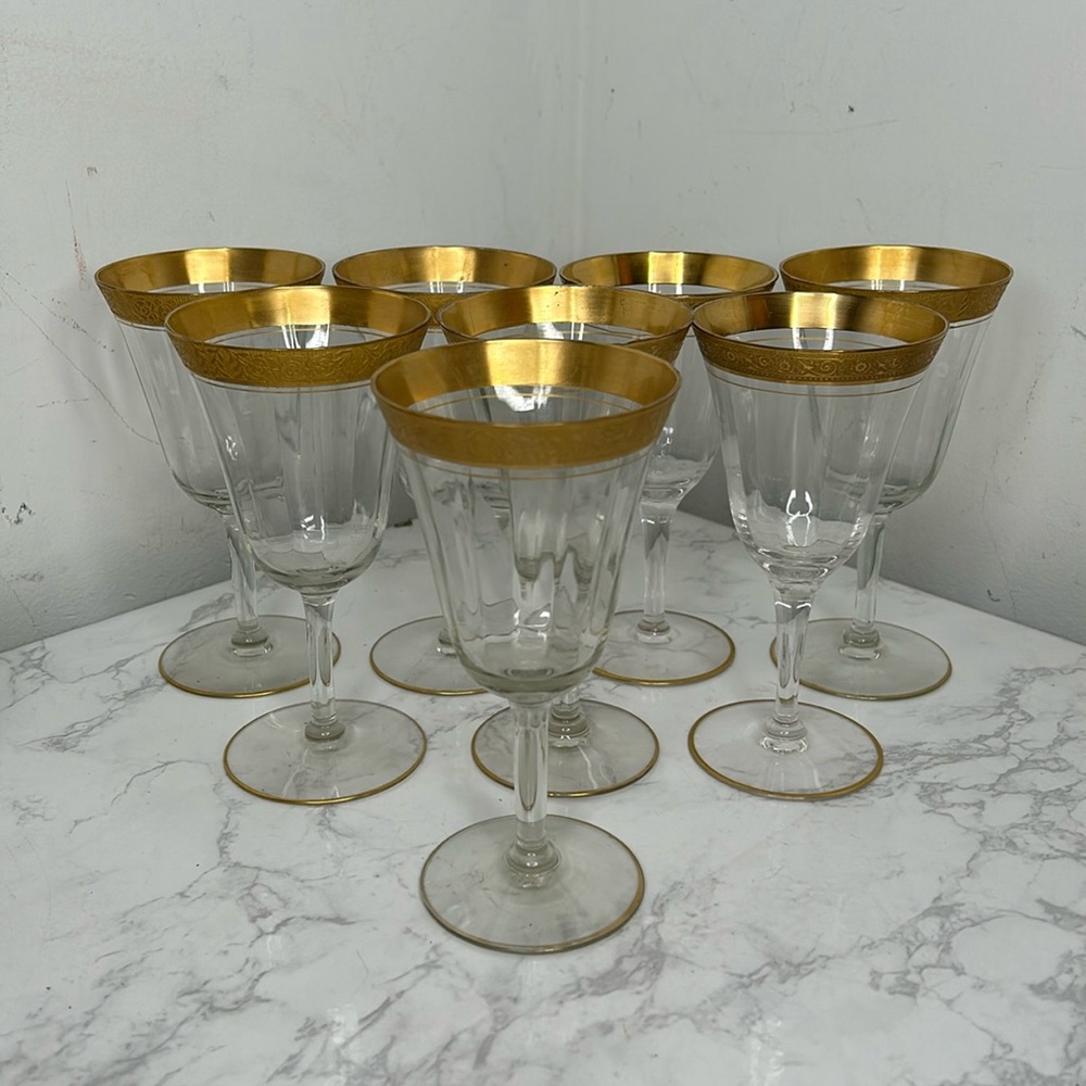 Set Of 8 Tiffin Franciscan Minton Vintage Optic Wine Water Glass Gold Trim